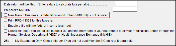 Image of "NMBTIN is not required" check box on NM screen 1.